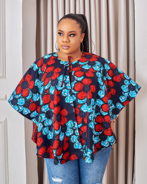 Reversible LOLU African Print Poncho Cape top -Red