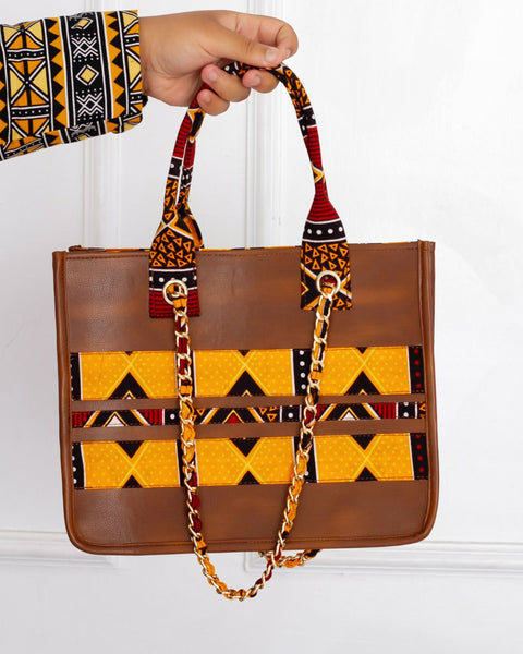 Afua African Print Inspired Leather Bag - Brown