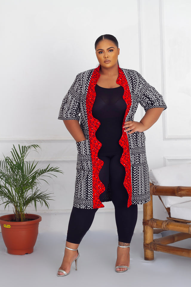 RINU African Print KIMONO - Red zig-zag