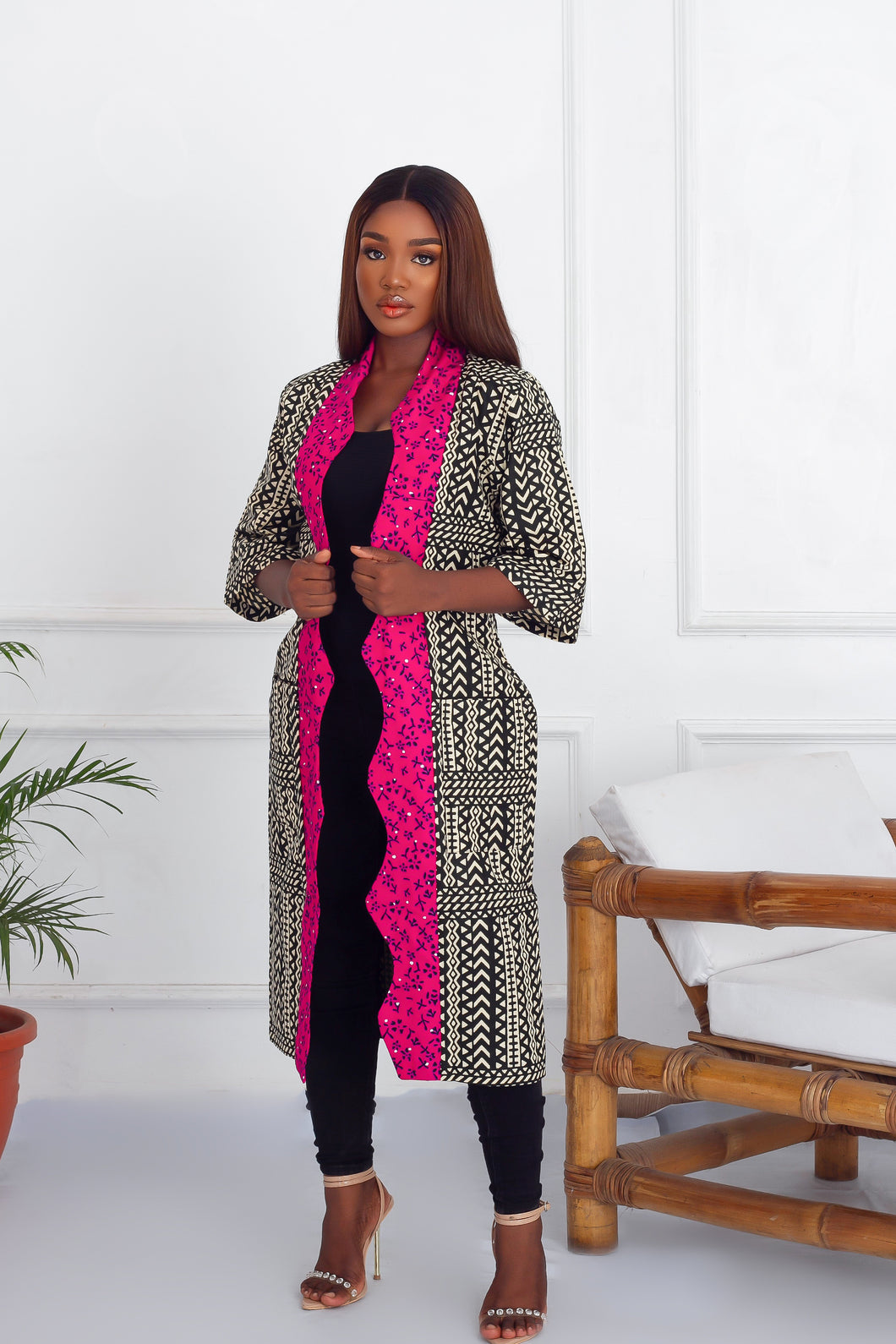 RINU African Print KIMONO - Pink zig-zag